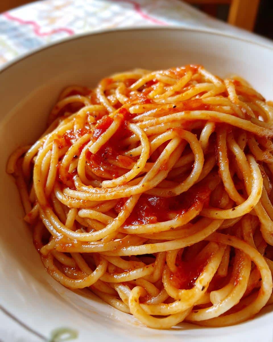 A close-up shot of a bowl filled with a delicious Quick Creamy Tomato Garlic Pasta Dish, showing spaghetti coated in red sauce.