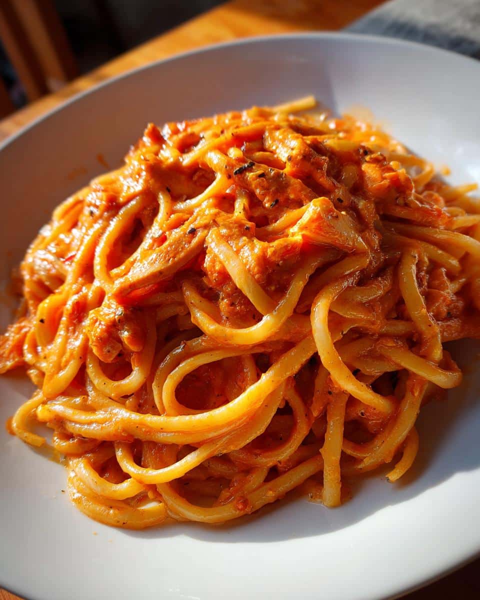 A close-up of a bowl filled with a Quick Creamy Tomato Garlic Pasta Dish, featuring spaghetti coated in a rich orange-red sauce.