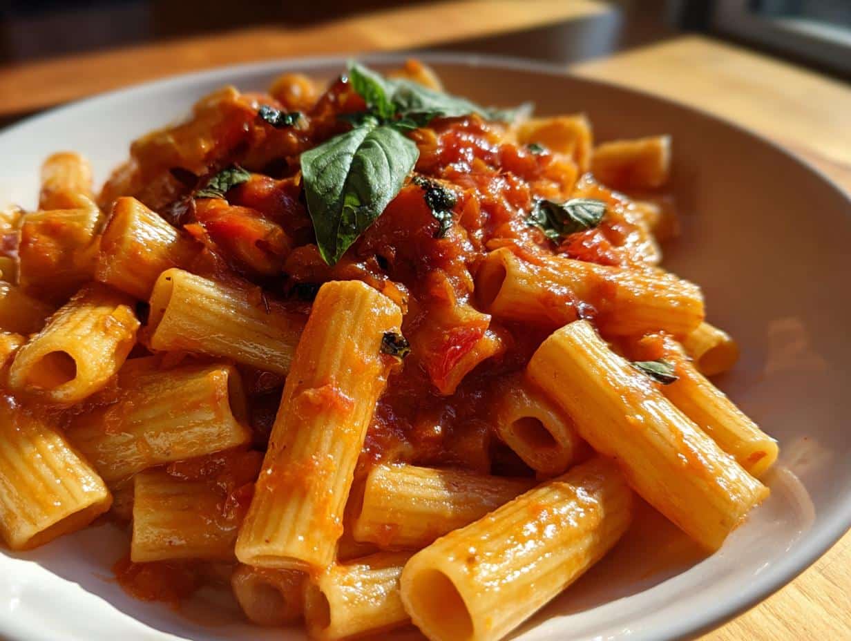 A close-up of a serving of Quick Creamy Tomato Garlic Pasta Dish in a white bowl, garnished with fresh basil leaves.