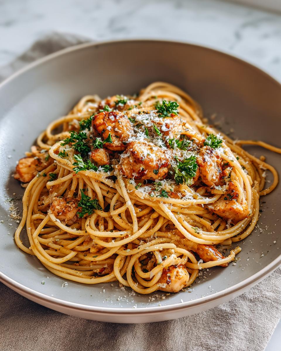A close-up shot of a bowl of Quick Garlic Chicken Pasta, garnished with fresh parsley and grated cheese.