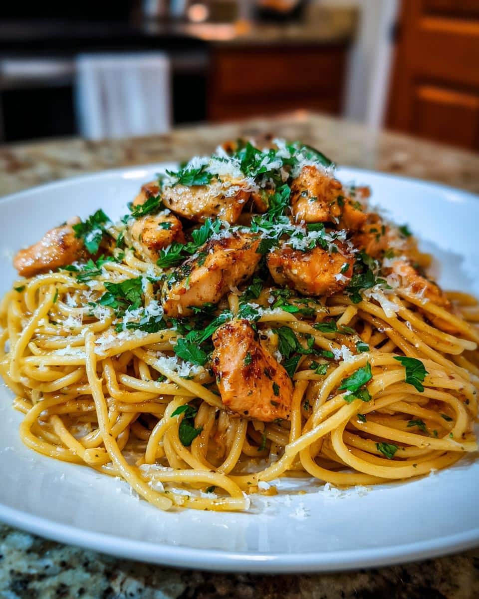 A close-up of a plate of Quick Garlic Chicken Pasta, topped with chopped parsley and grated Parmesan cheese.