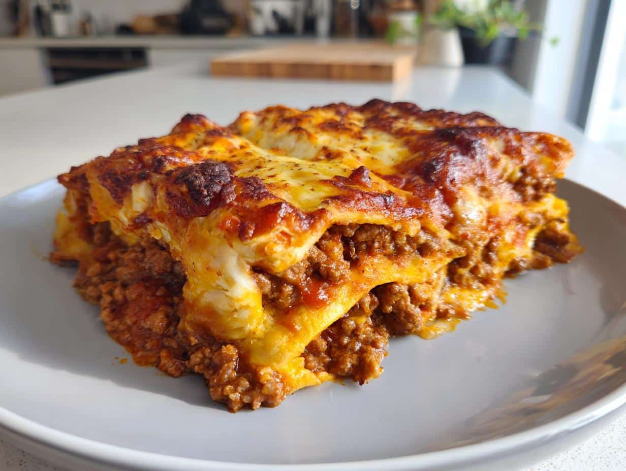 Close-up of a serving of Quick Ground Beef Enchiladas with melted cheese and rich sauce on a grey plate.