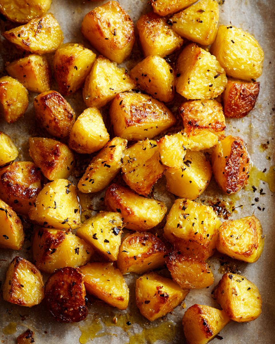 Close-up of golden brown, Quick Irresistibly Crispy Roast Potatoes seasoned with herbs and oil on parchment paper.