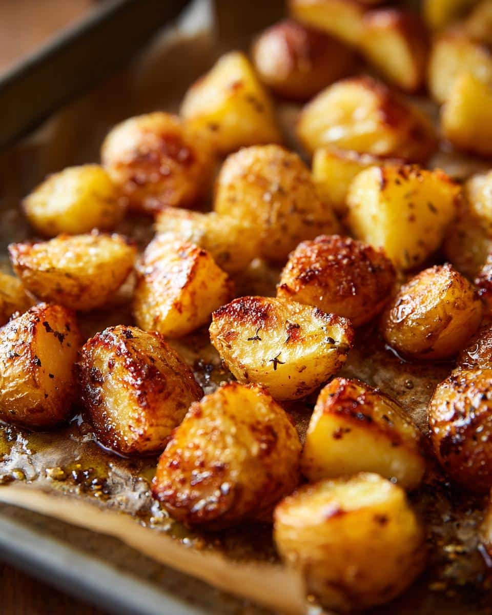 Close-up of golden brown, Quick Irresistibly Crispy Roast Potatoes with herbs and oil on a baking sheet.
