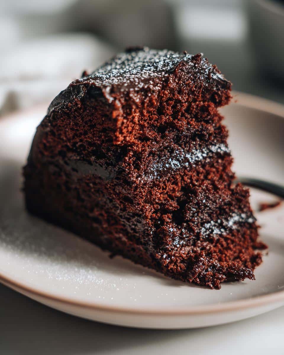 A close-up of a slice of Rich Dreamy Home Made Chocolate Cake, dusted with powdered sugar, on a light-colored plate.