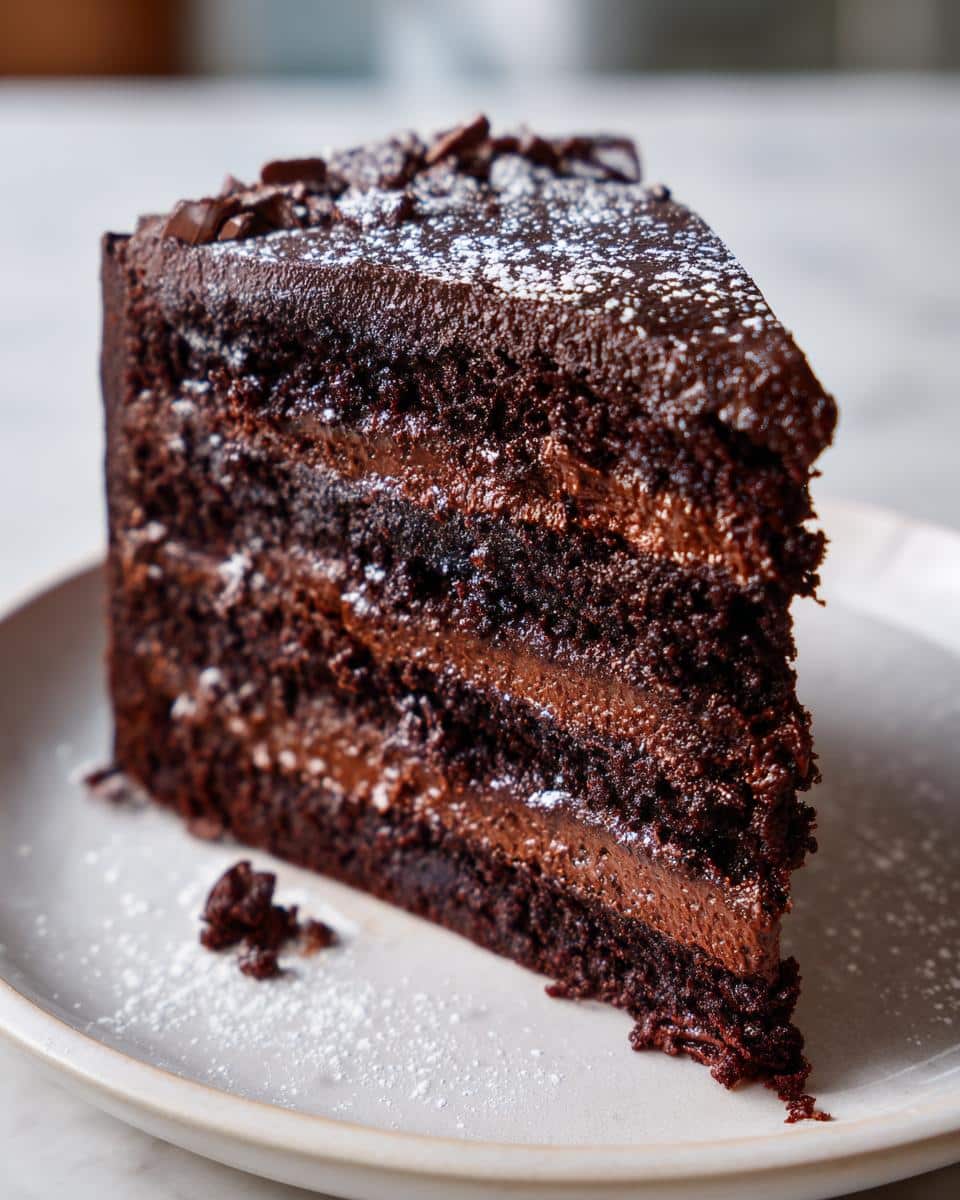 A decadent slice of Rich Dreamy Home Made Chocolate Cake on a white plate, dusted with powdered sugar and chocolate shavings.