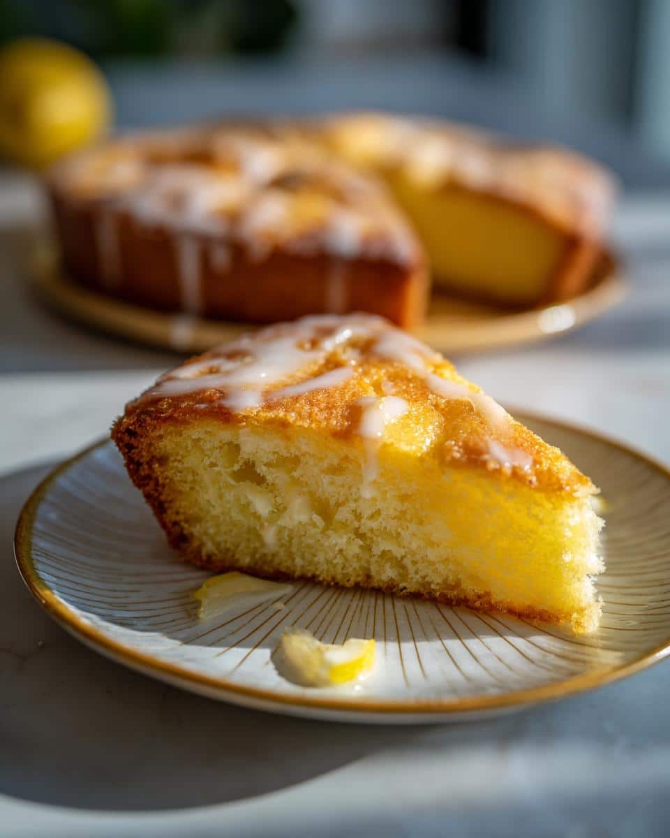 A close-up of a slice of Rich Ingredient Lemon Cream Cheese Dump Cake on a plate, topped with white glaze and small lemon pieces.