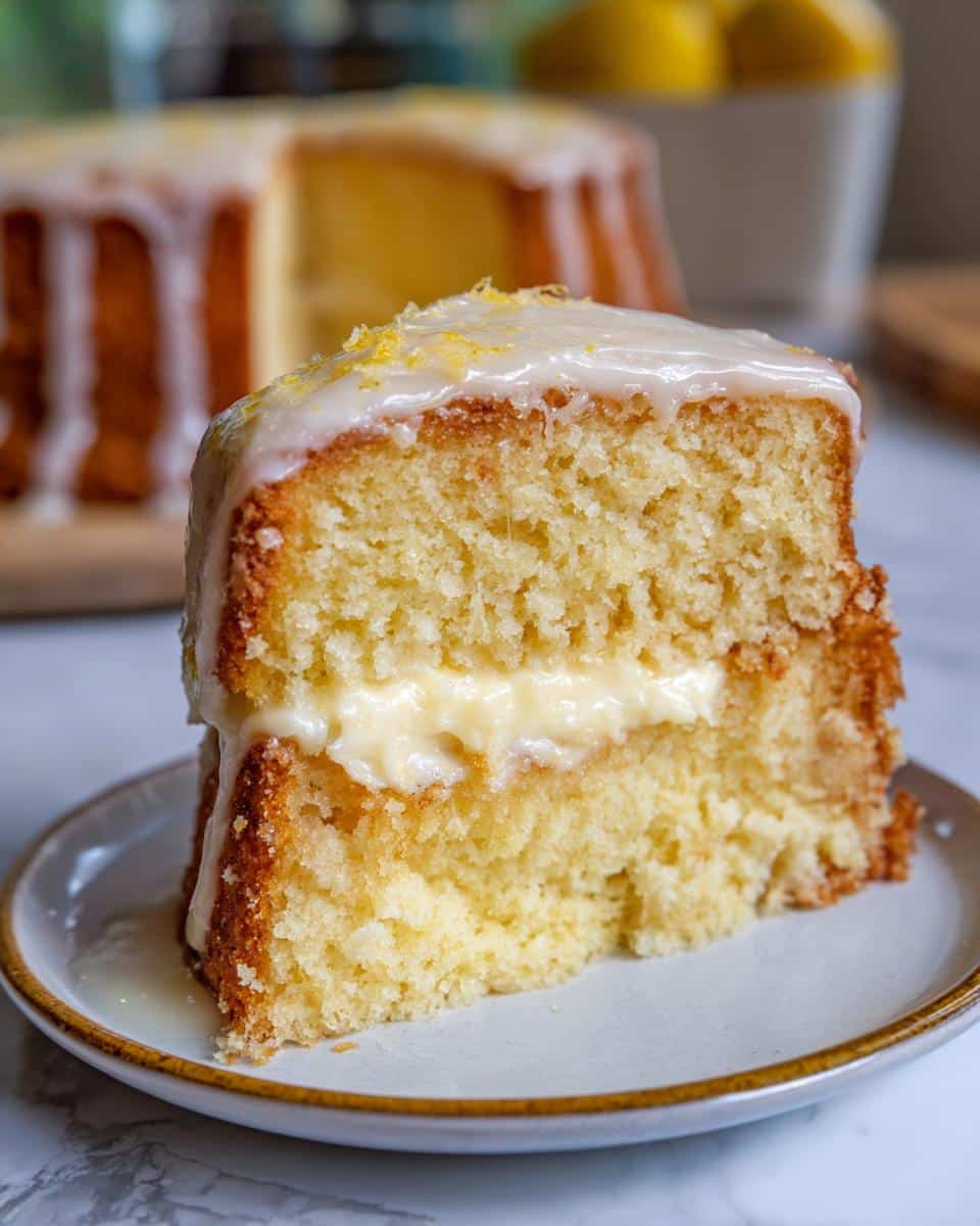 A close-up of a slice of Rich Ingredient Lemon Cream Cheese Dump Cake on a plate, showing the lemon glaze and cream cheese filling.
