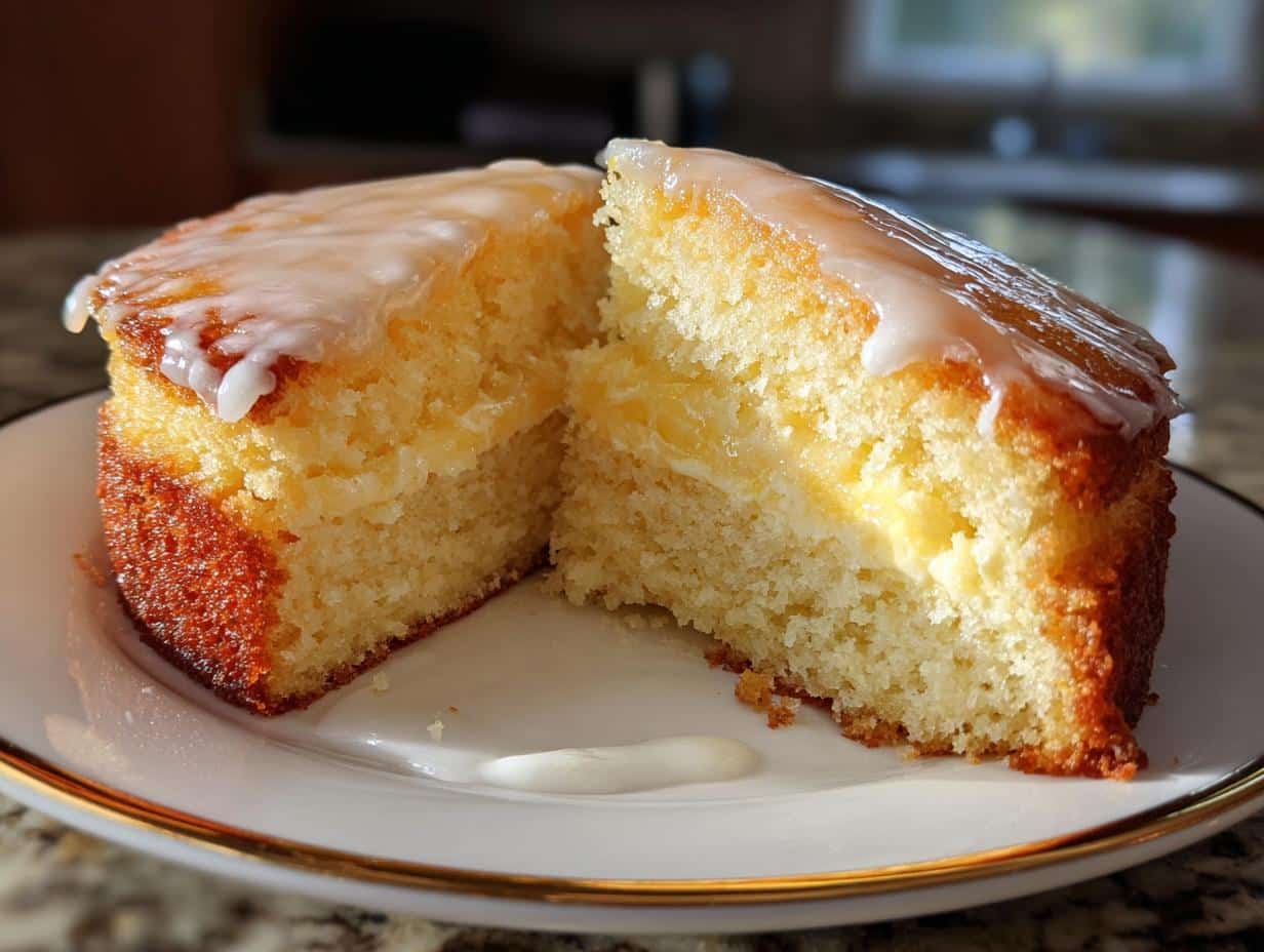 A close-up of a slice of Rich Ingredient Lemon Cream Cheese Dump Cake with a creamy lemon filling and white glaze.