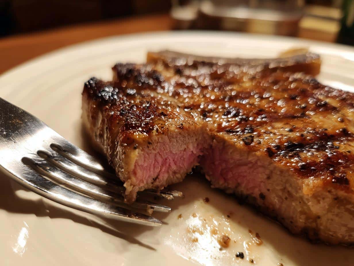 Close-up of a juicy Roadhouse Pork Chop slice on a fork, showing tender pink interior and seared exterior.