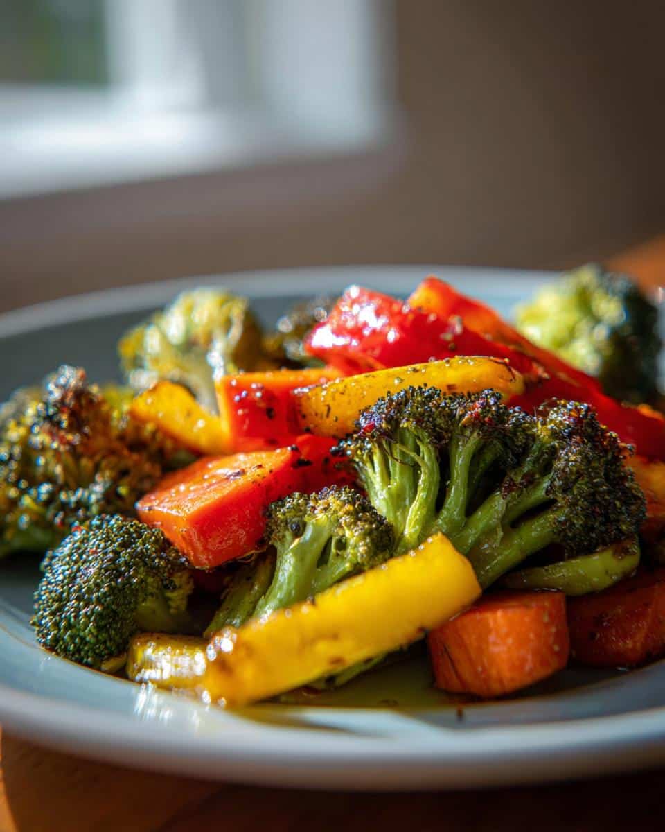 Close-up of vibrant roasted broccoli florets, red and yellow bell peppers, and carrots on a plate, a perfect Side Dish Recipes to Complete Any Weeknight Dinner for Busy Nights.
