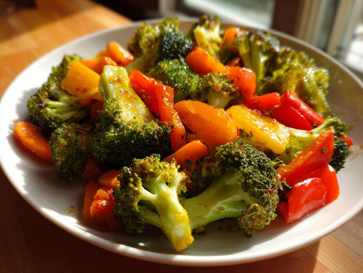 A vibrant plate of roasted broccoli florets, red, and yellow bell peppers, seasoned and ready to eat as a Side Dish Recipes to Complete Any Weeknight Dinner for Busy Nights.