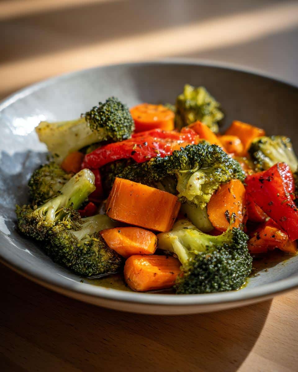A close-up of a bowl of roasted broccoli, carrots, and red bell peppers, seasoned and glistening with oil. This is a perfect Side Dish Recipes to complete any weeknight dinner.