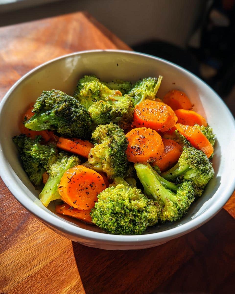 A white bowl filled with vibrant roasted broccoli florets and sliced carrots, seasoned with black pepper, making delicious Quick Vegetable Sides.