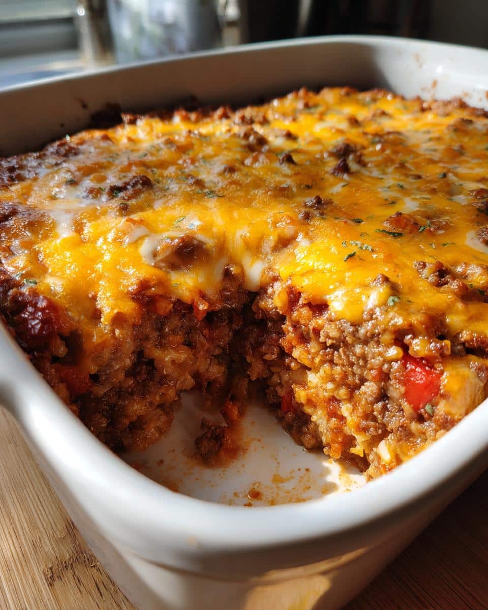 A close-up of a saucy and easy family dinner casserole in a white baking dish, topped with melted cheddar cheese and a missing slice.