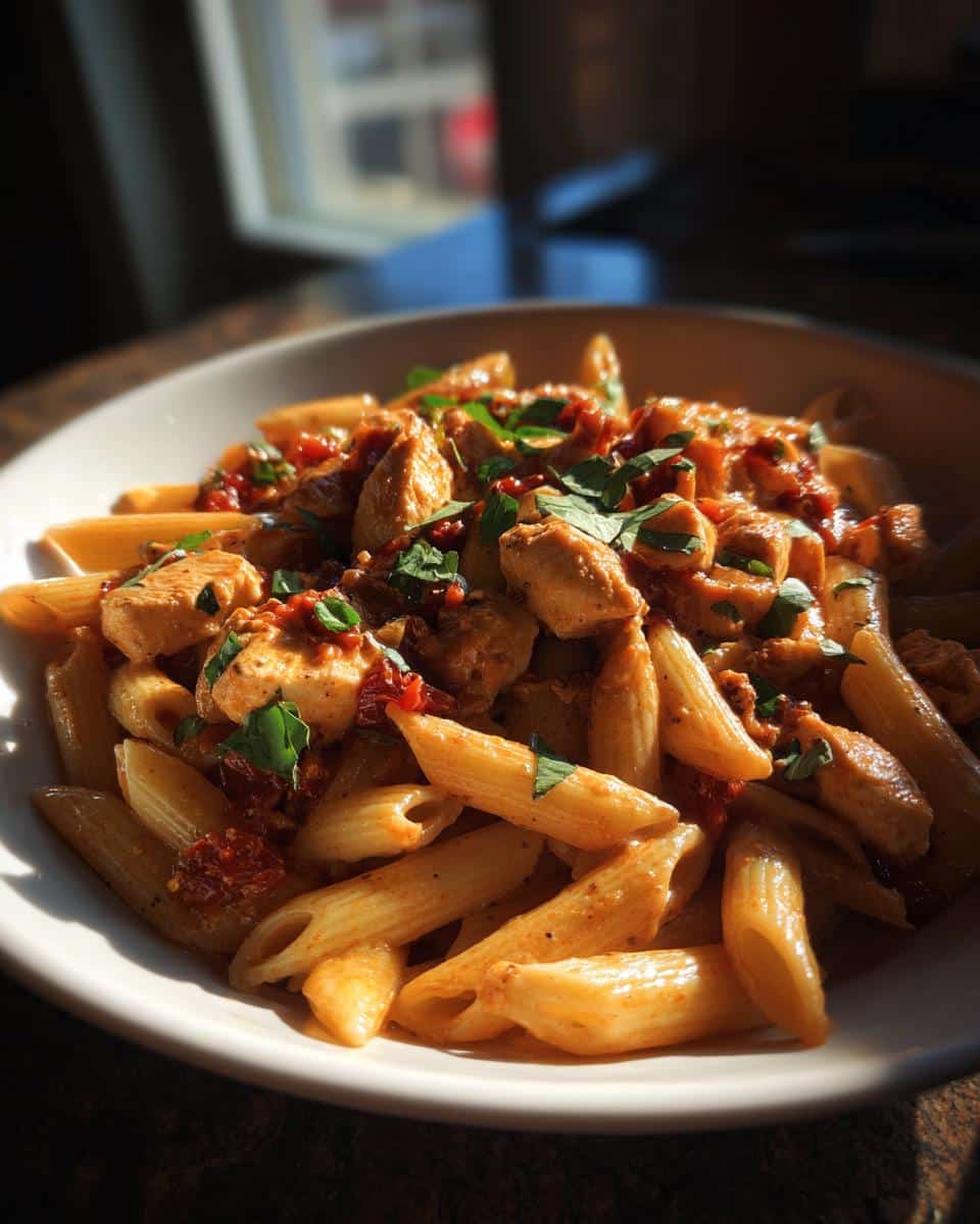 Saucy Marry Me Chicken Pasta Recipe in Just 30 Minutes 2 A close-up of a bowl of Saucy Marry Me Chicken Pasta, featuring penne, chicken pieces, sun-dried tomatoes, and fresh parsley.