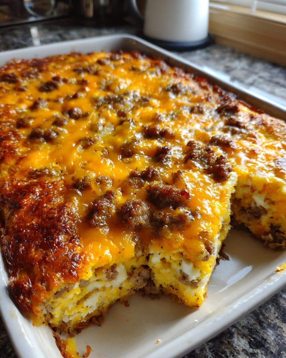 A baked Sausage Hash Brown Casserole in a dish, topped with melted cheddar cheese and browned sausage, with a slice removed.
