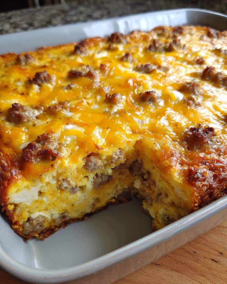 A close-up of a golden-brown Sausage Hash Brown Casserole in a grey baking dish, with a slice removed.