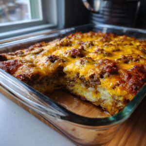 Close-up of a golden-brown Sausage Hash Brown Casserole in a glass baking dish, with a slice removed.