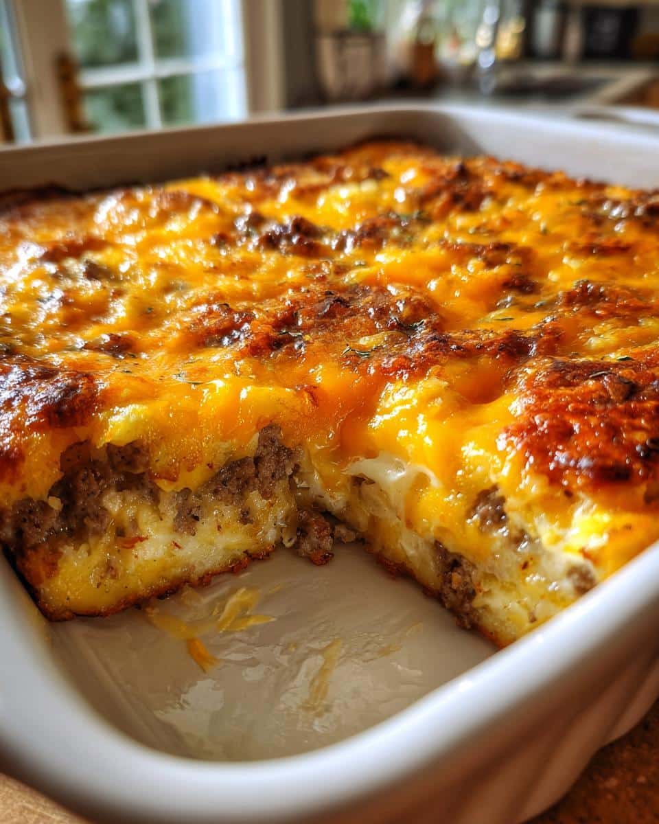 Close-up of a golden-brown Sausage Hash Brown Casserole in a white baking dish, with a slice removed.