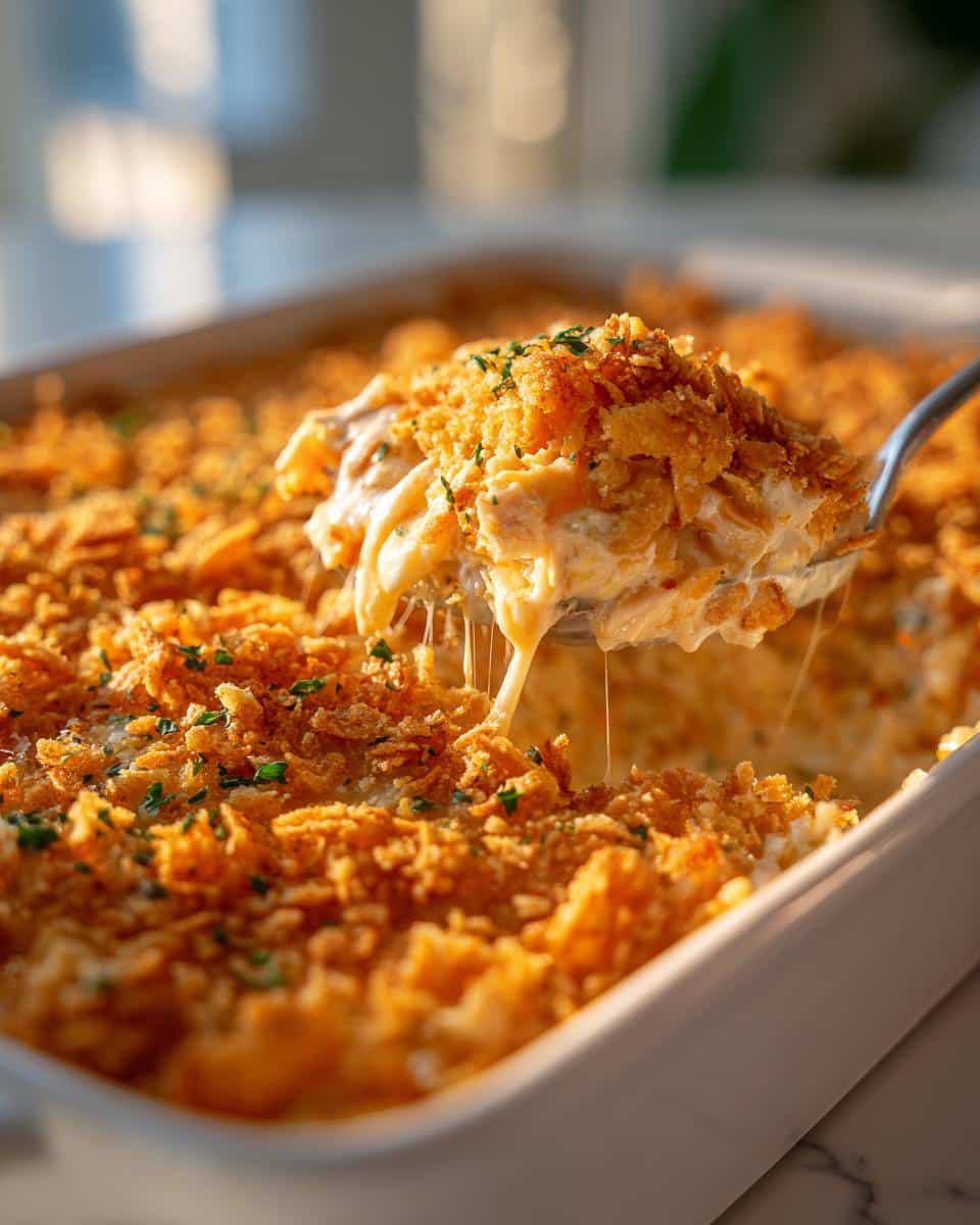 A spoon lifting a serving of Creamy Neiman Marcus Chicken Casserole from a baking dish, showing melted cheese and crispy topping.