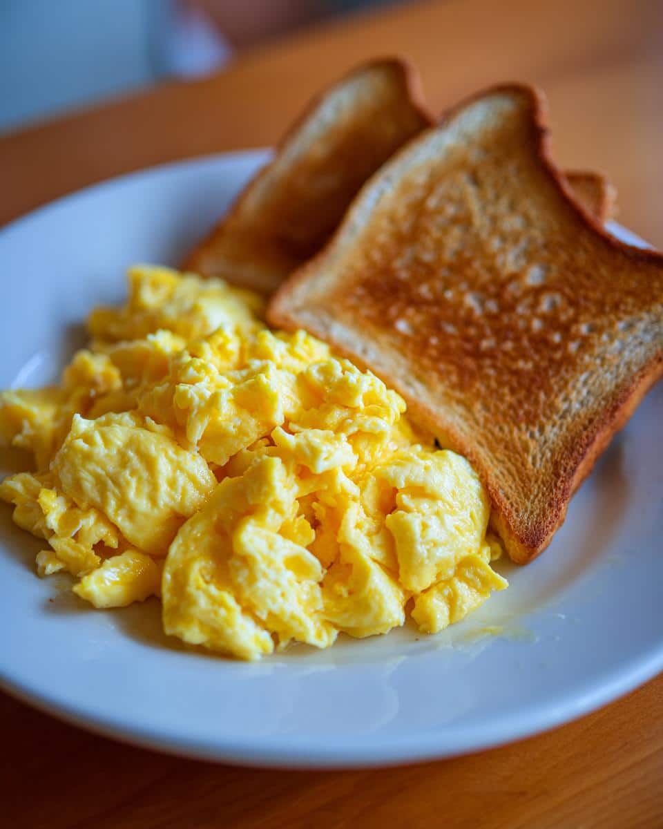 A plate of fluffy scrambled eggs with two slices of golden-brown toast, perfect for a simple Brunch Pin.