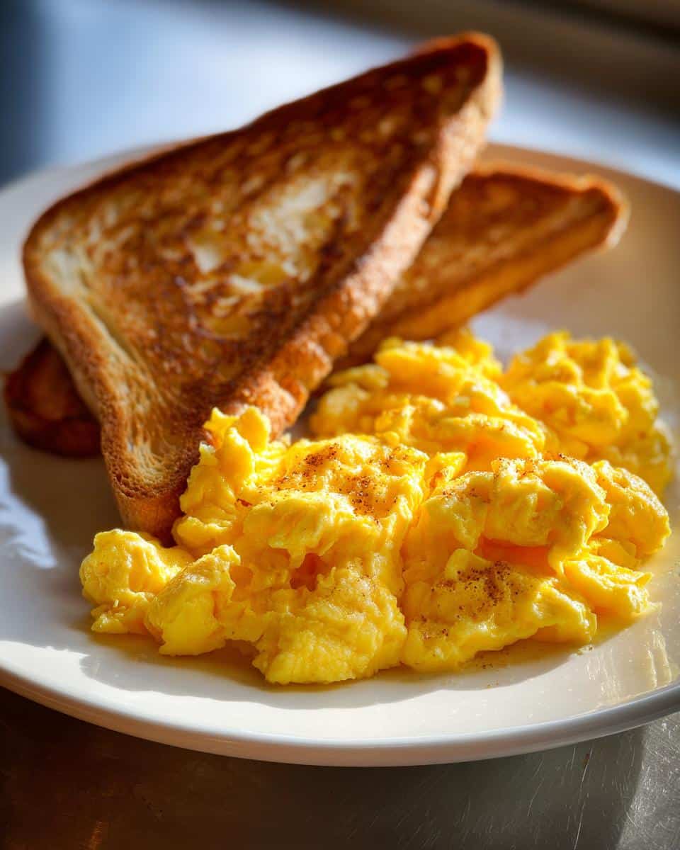 A plate of fluffy scrambled eggs seasoned with pepper, alongside two slices of golden-brown toast, perfect for a Brunch Pin.