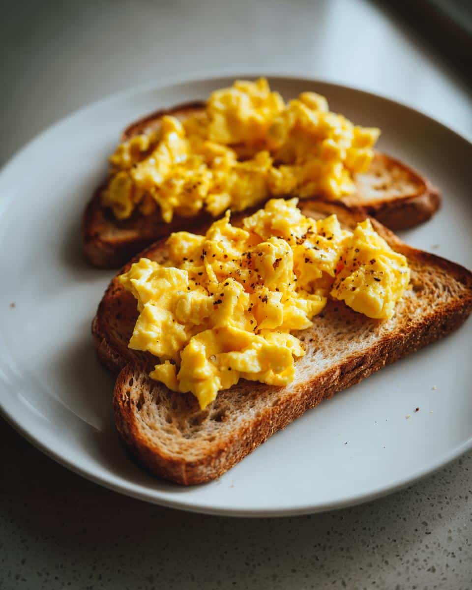 Two slices of toasted bread topped with fluffy scrambled eggs and black pepper, perfect for a Brunch Pin.