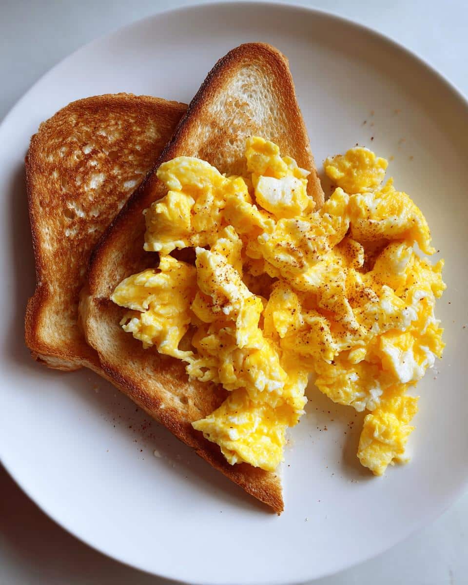 A plate with fluffy scrambled eggs seasoned with pepper, served on two slices of golden-brown toast, perfect for a Brunch Pin.