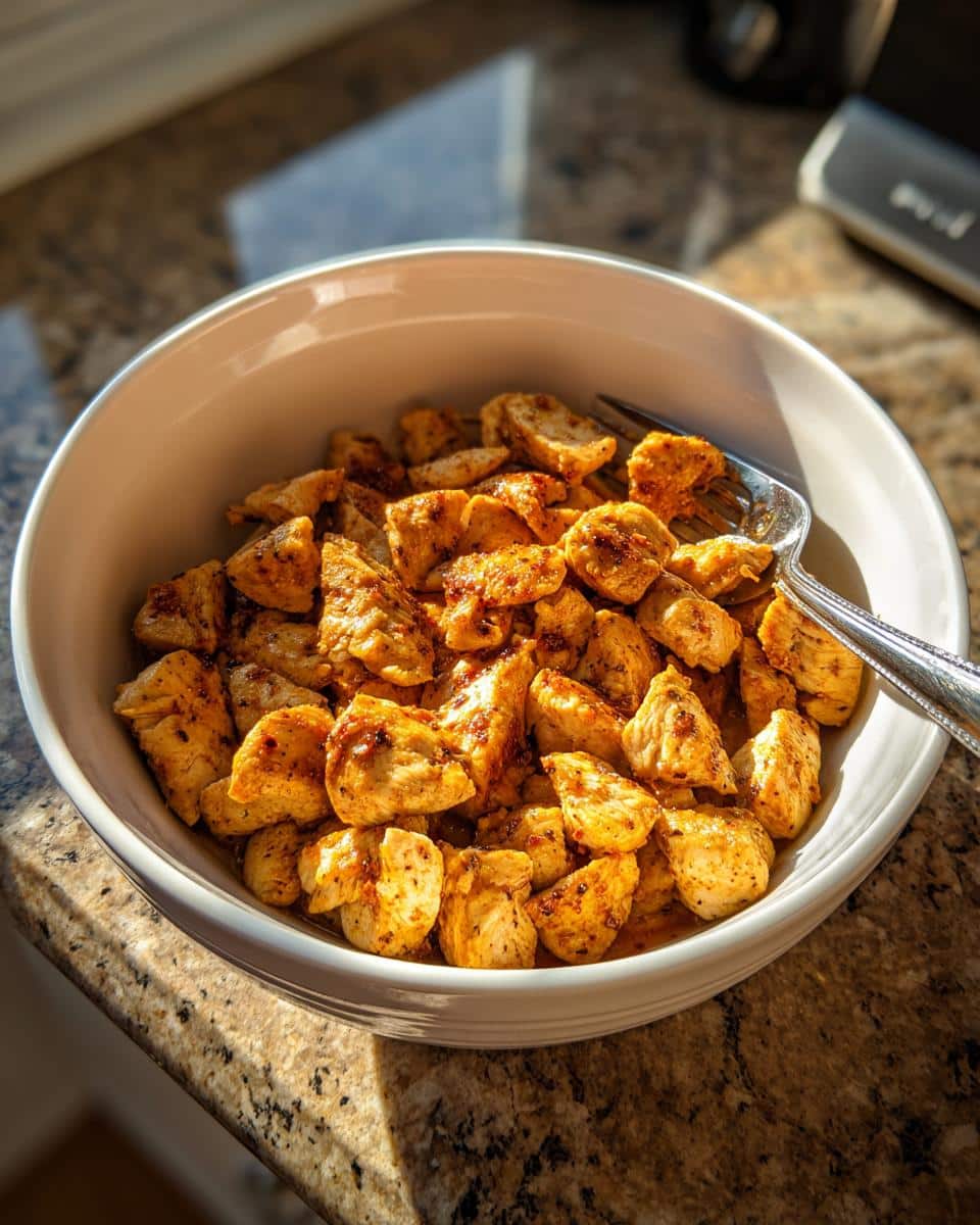 A white bowl filled with seasoned, cooked ground turkey pieces, with a fork resting inside. Perfect for a Ground Turkey Recipe for Meal Prep.