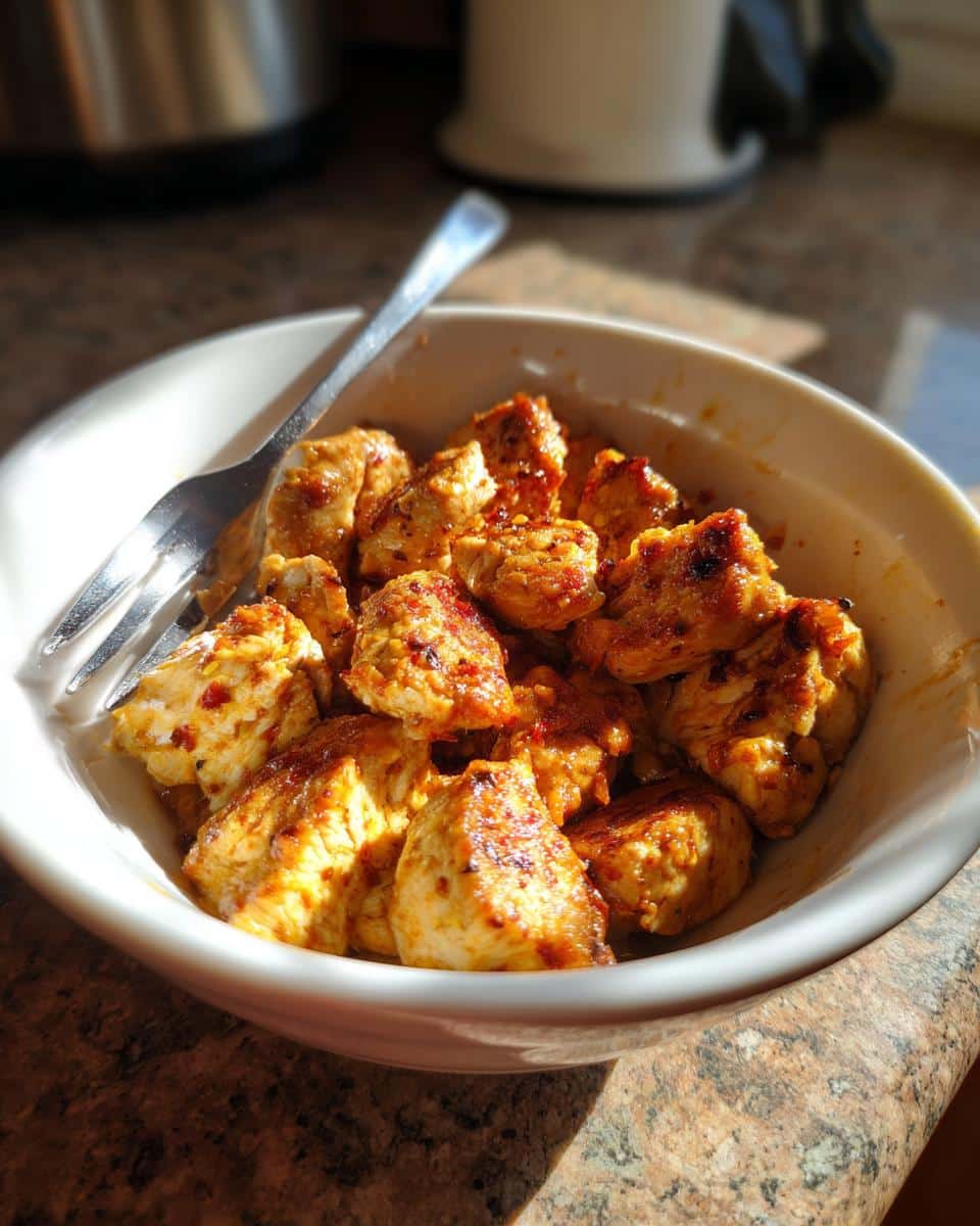 Close-up of seasoned ground turkey chunks in a white bowl with a fork, ready for a Ground Turkey Recipe for Meal Prep.
