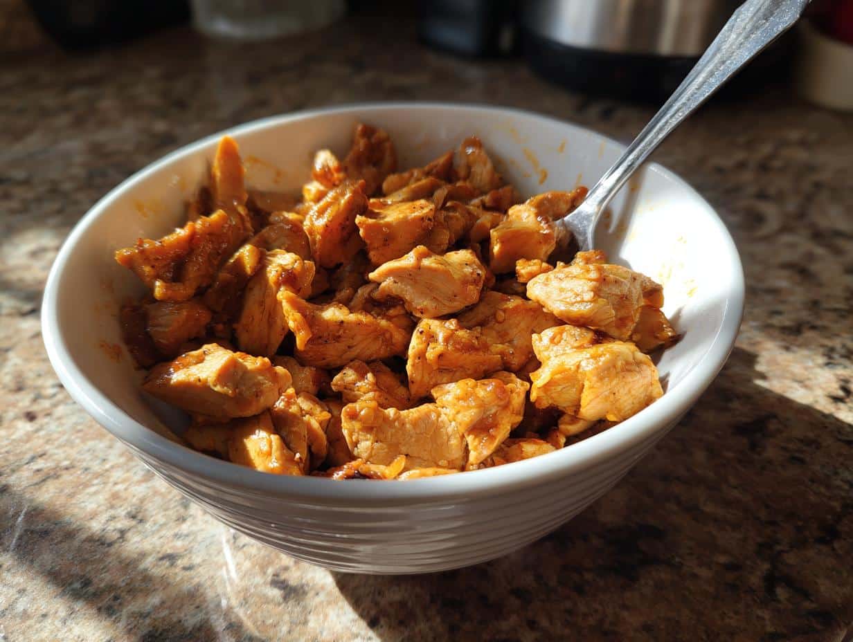 Close-up of seasoned ground turkey in a white bowl with a fork, ready for meal prep.