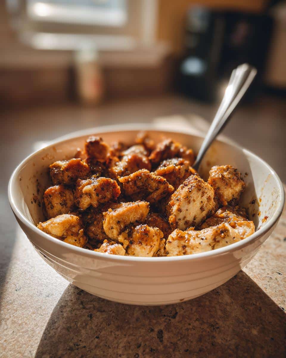 Close-up of a white bowl filled with seasoned ground turkey pieces, with a spoon resting inside, ready for meal prep.