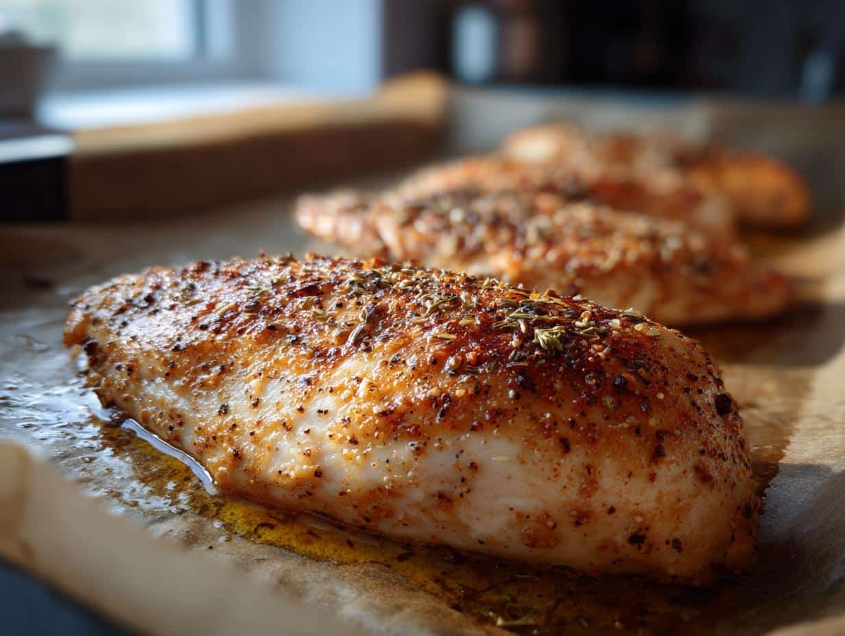 Close-up of a perfectly seasoned Oven Baked Chicken Breast Recipe on parchment paper, glistening with juices.