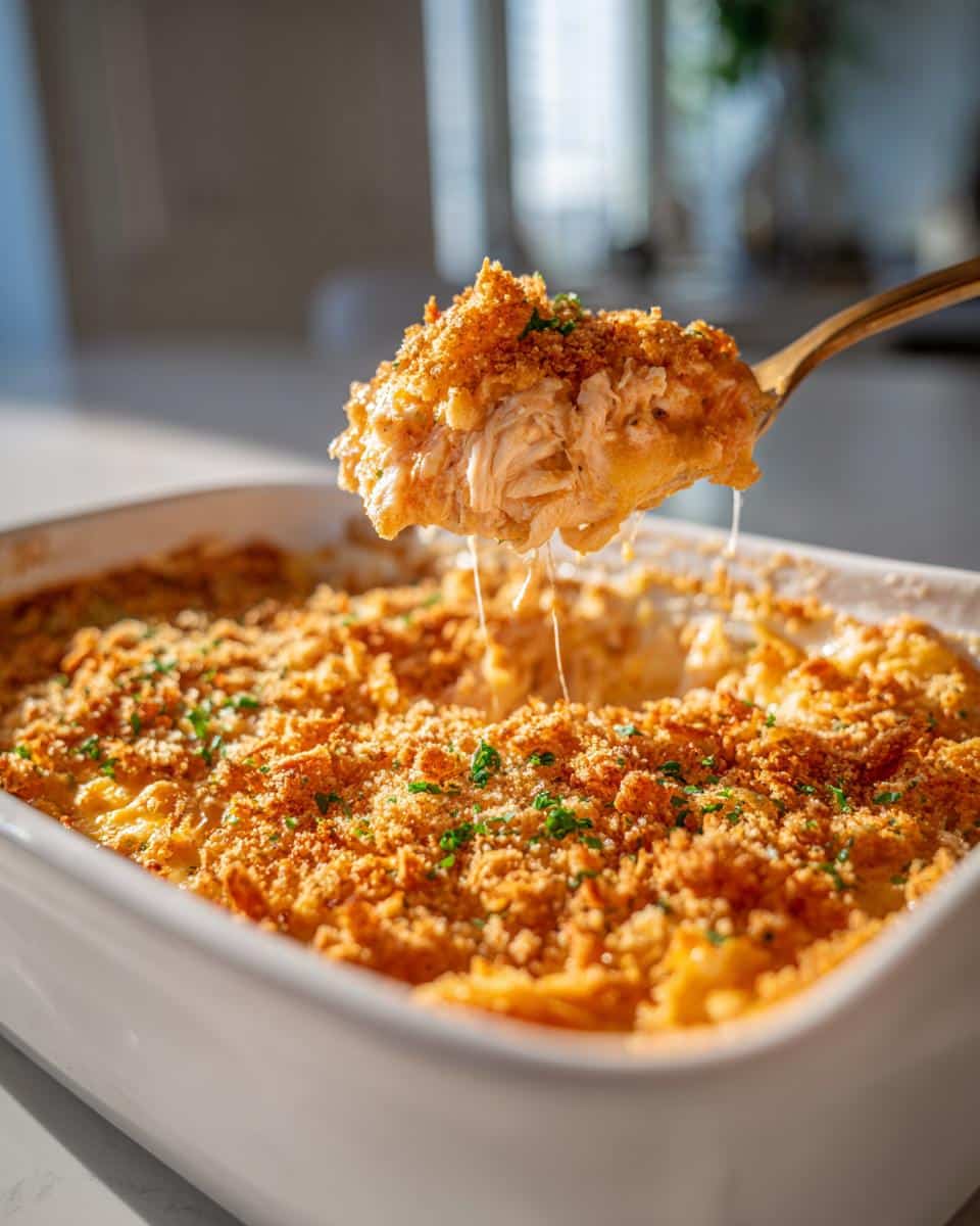 A golden spoon lifting a serving of Creamy Neiman Marcus Chicken Casserole from a white baking dish, showing melted cheese and crispy topping.