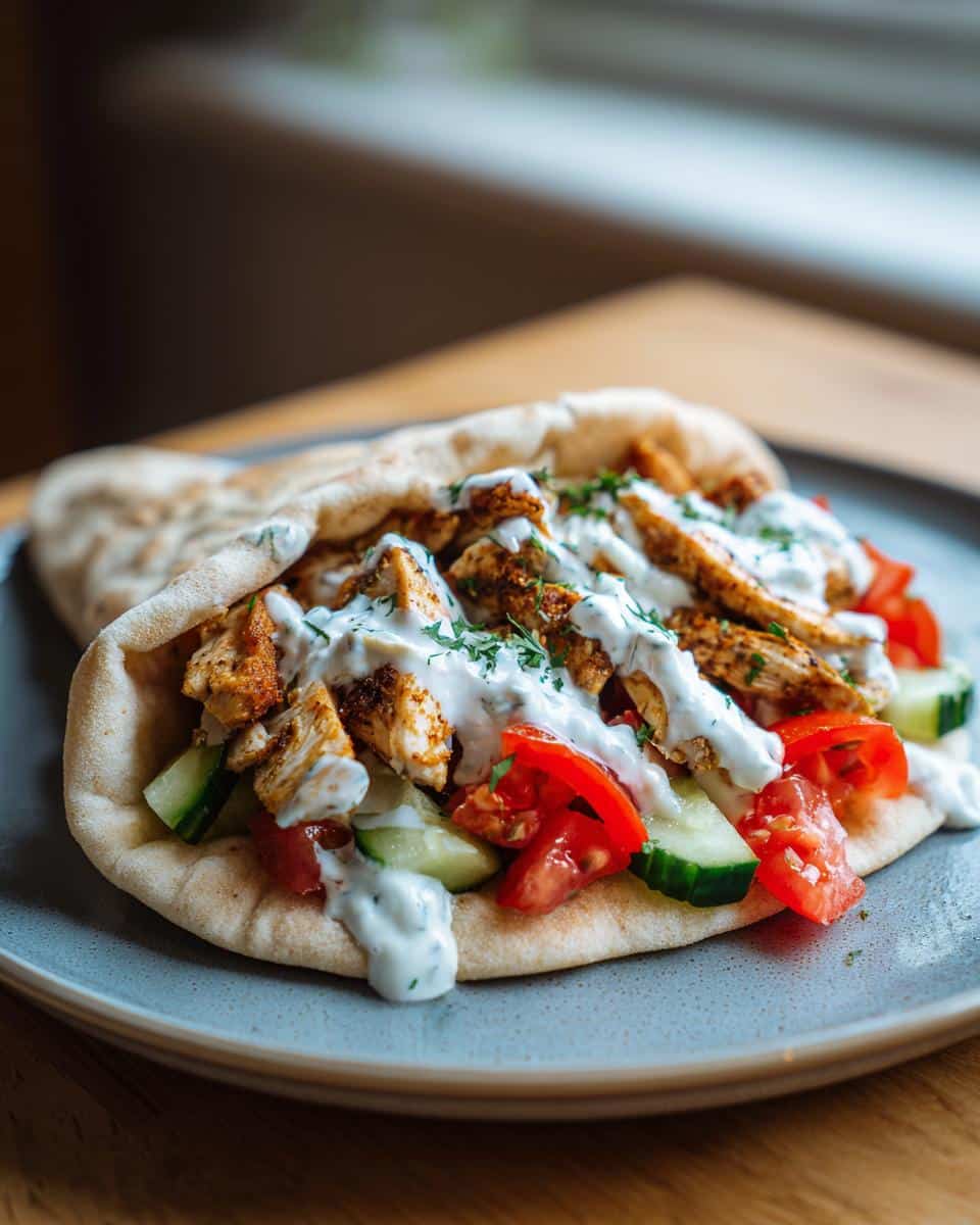 A close-up of a Simple Mediterranean Chicken Gyros on a plate, filled with chicken, tomatoes, cucumbers, and tzatziki sauce.