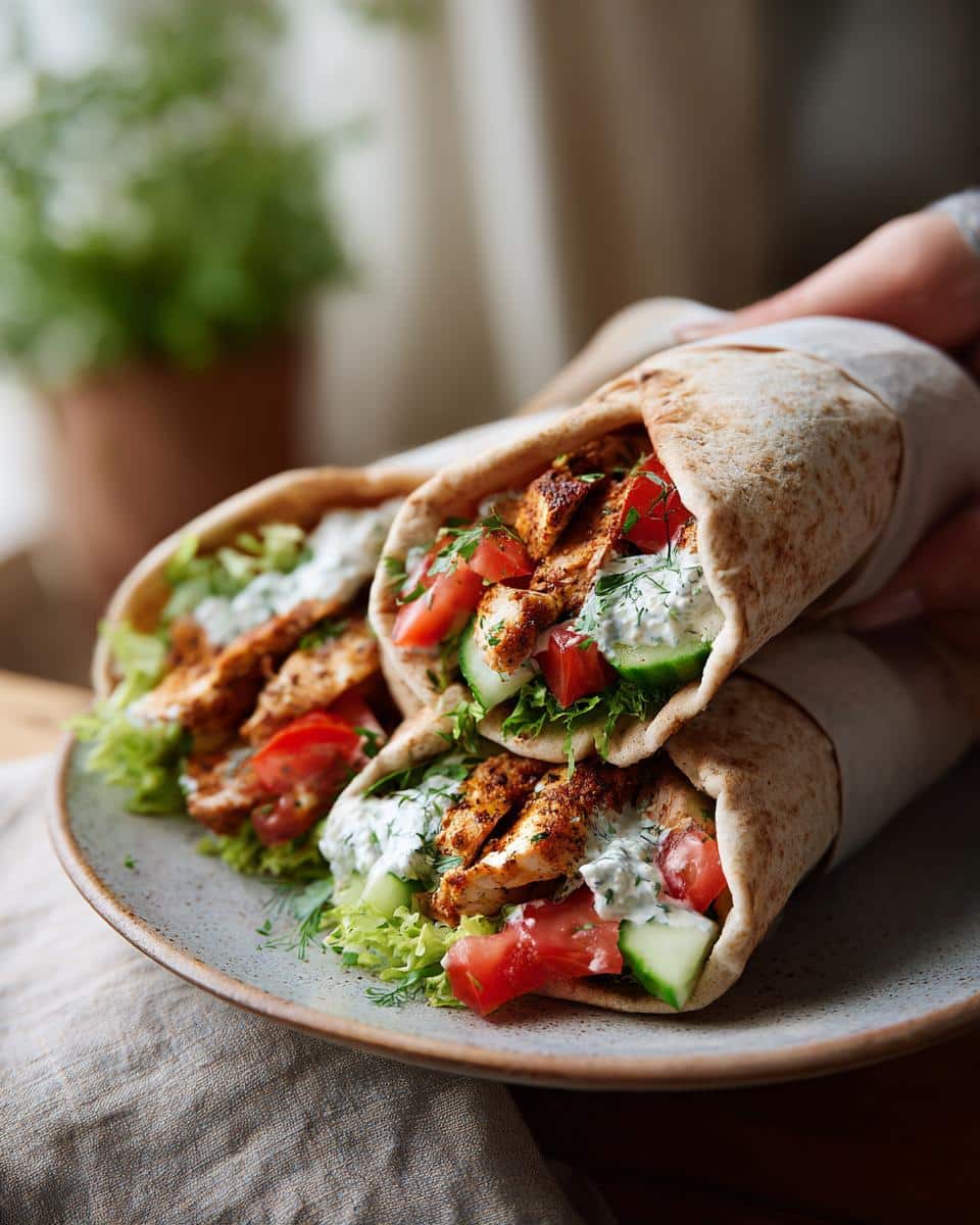 A hand holding two Simple Mediterranean Chicken Gyros filled with chicken, lettuce, tomatoes, cucumbers, and tzatziki sauce.