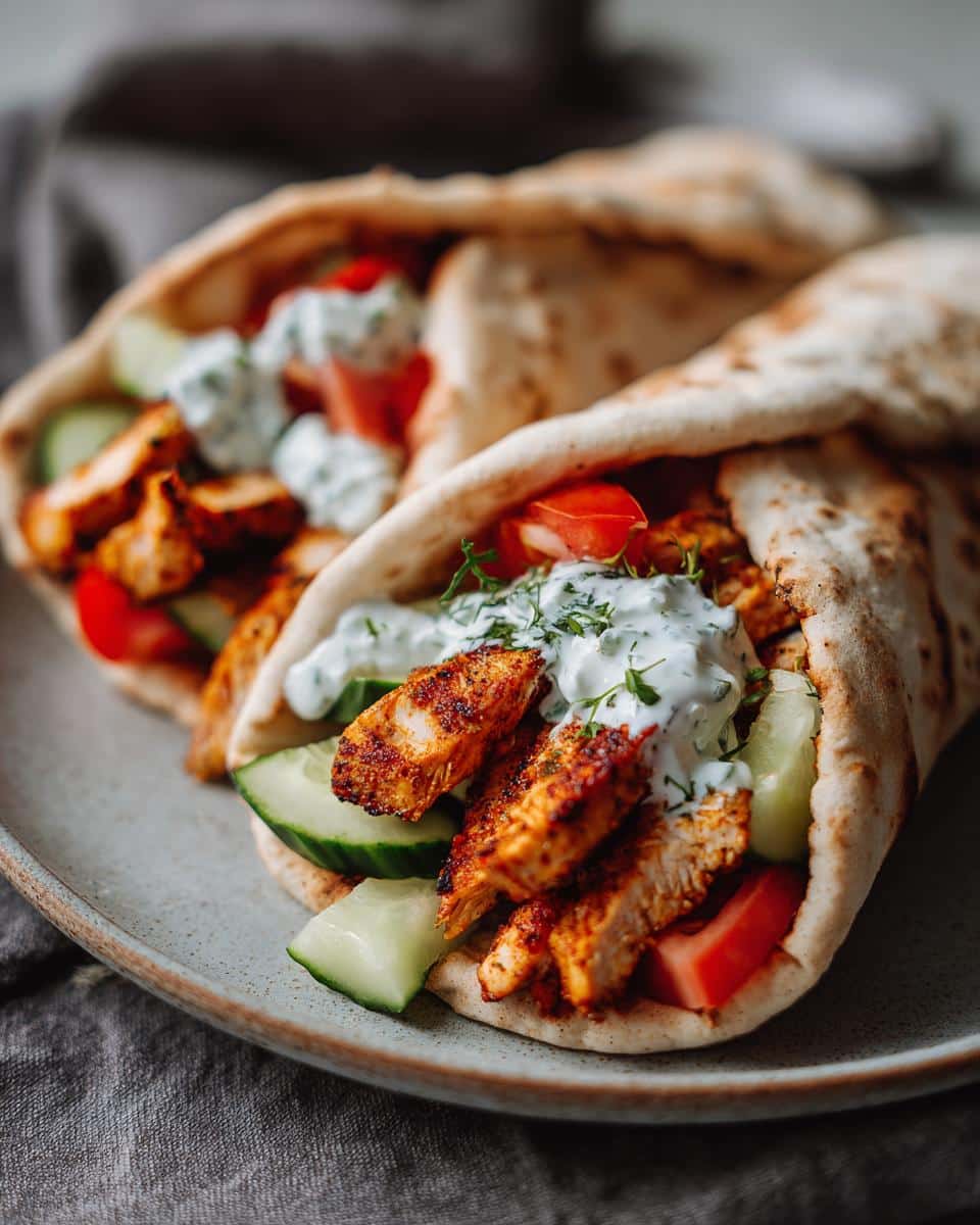 Two Simple Mediterranean Chicken Gyros filled with chicken, cucumber, tomato, and tzatziki sauce, garnished with herbs.
