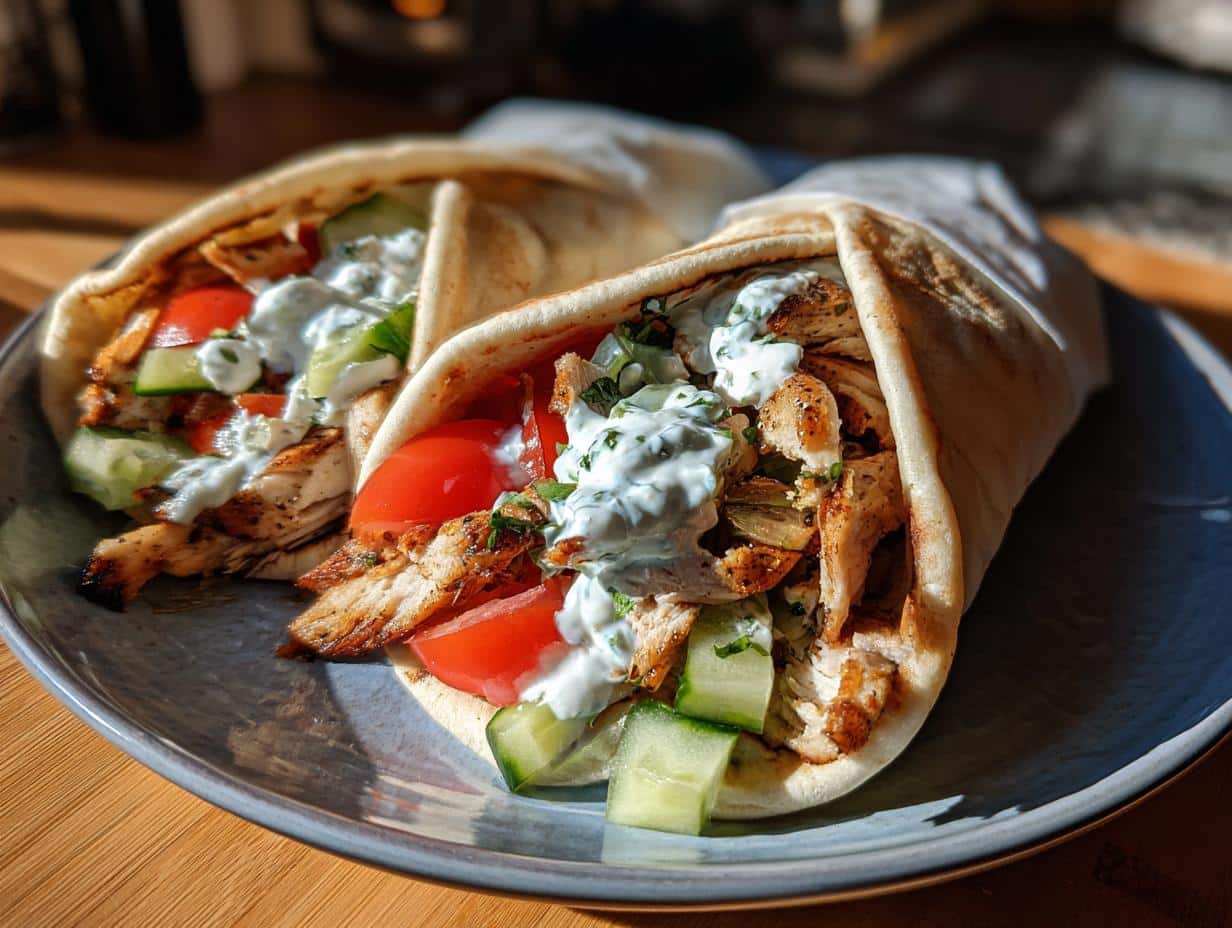 Two Simple Mediterranean Chicken Gyros filled with grilled chicken, tomatoes, cucumbers, and tzatziki sauce on a blue plate.