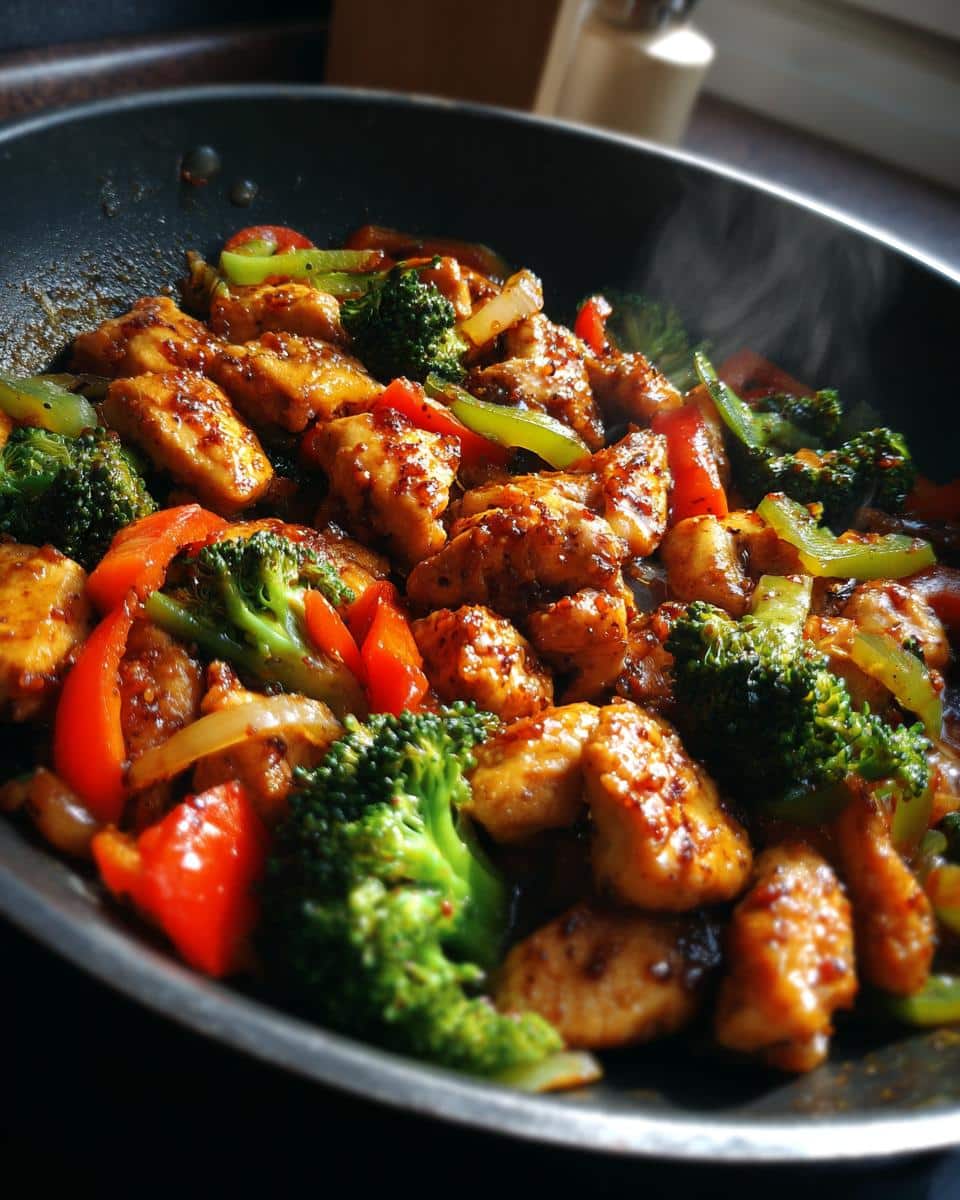 A close-up of a sizzling pan filled with chicken and broccoli stir-fry, perfect for Healthy Family Meals Ready in Less than Minutes Recipe.