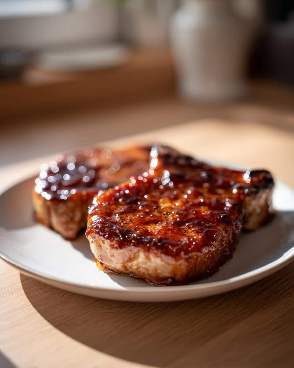 Two glistening Skillet Brown Sugar Pork Chops on a white plate, coated in a rich, dark glaze.