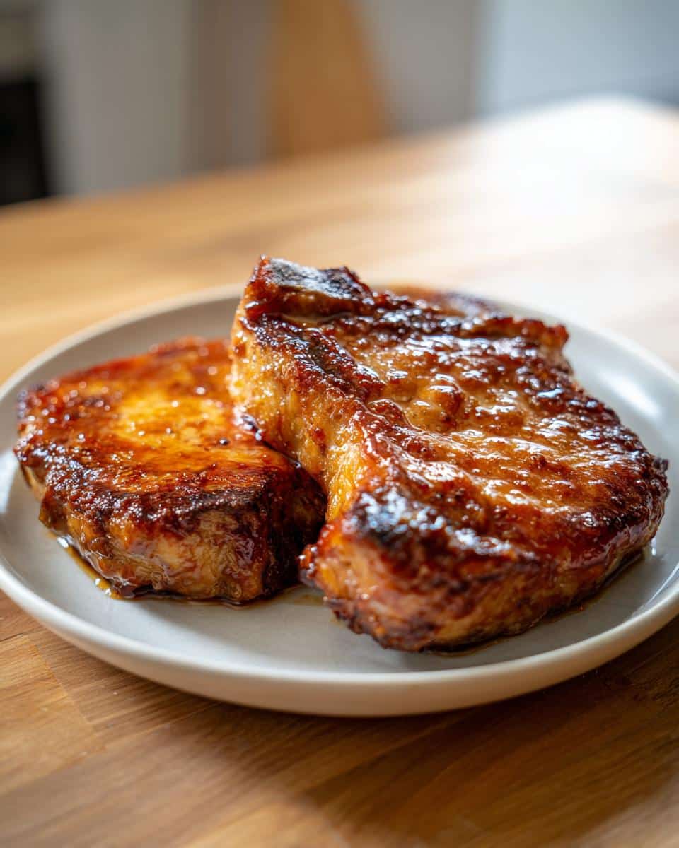 Two glistening Skillet The Best Brown Sugar Pork Chops Ever on a white plate, showcasing their caramelized glaze.