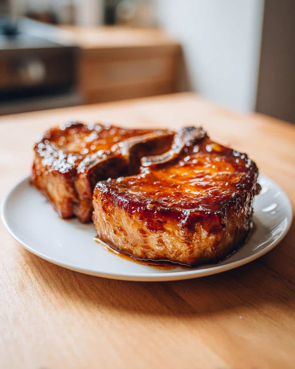 Two glistening Skillet The Best Brown Sugar Pork Chops Ever on a white plate, coated in a rich, sticky glaze.