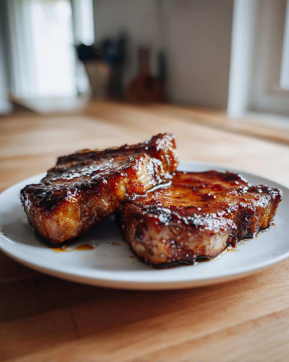 Two glistening Skillet The Best Brown Sugar Pork Chops Ever on a white plate, with a rich, dark glaze.
