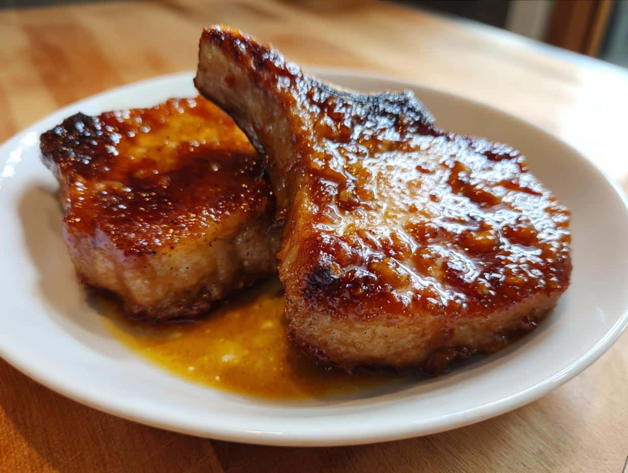 Two glistening brown sugar Skillet pork chops with a rich glaze, served on a white plate with sauce.