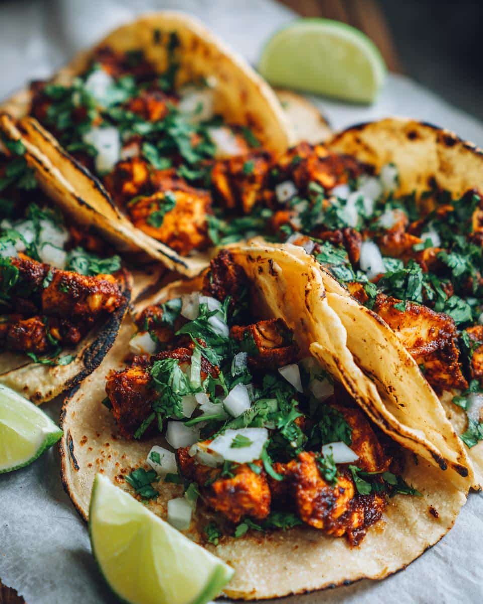 25-Minute Skillet Chicken Street Tacos That Wow Every Time 4 A close-up shot of several Skillet Chicken Street Tacos garnished with chopped cilantro, diced white onions, and lime wedges.