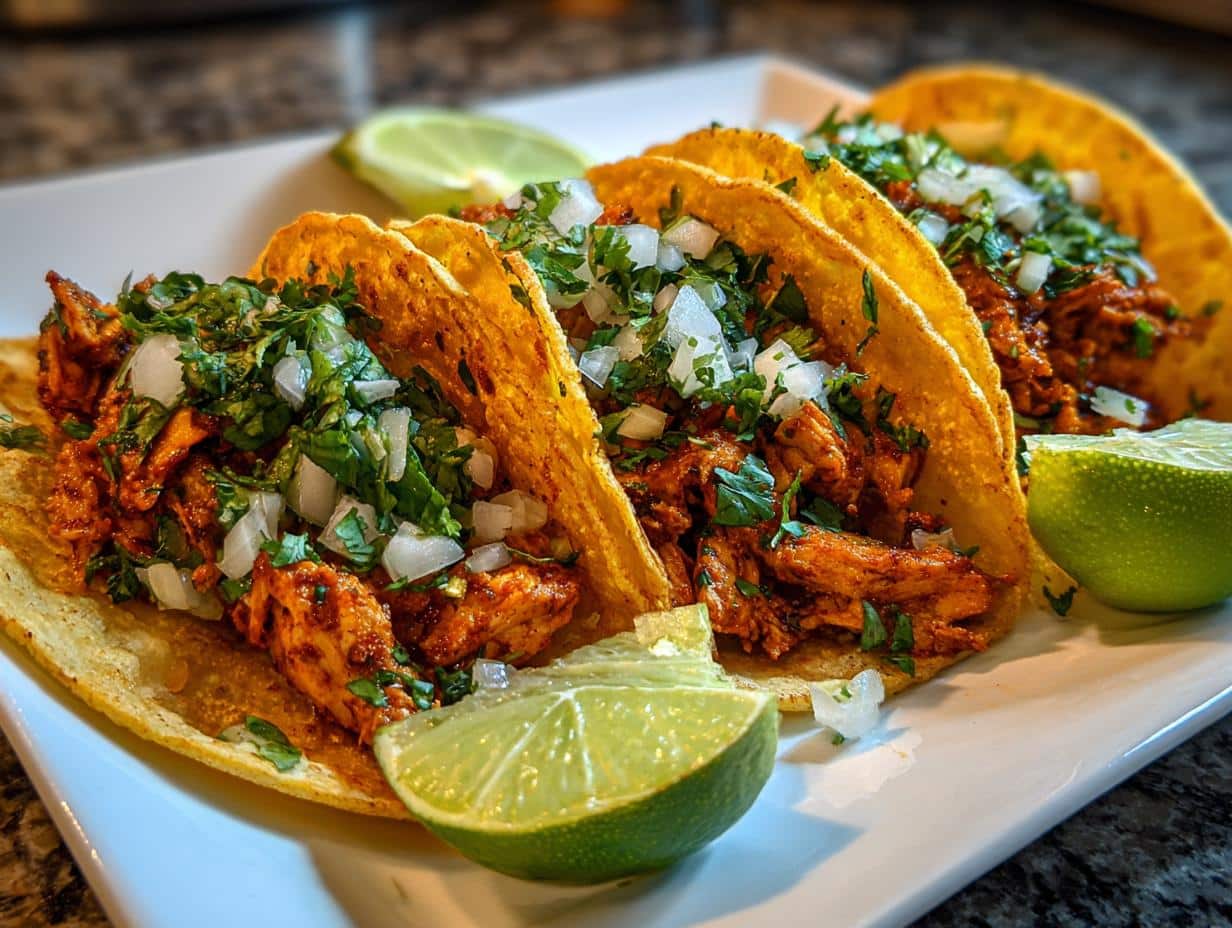 25-Minute Skillet Chicken Street Tacos That Wow Every Time 1 Three vibrant Skillet Chicken Street Tacos filled with seasoned chicken, diced onions, and cilantro, served with lime wedges.