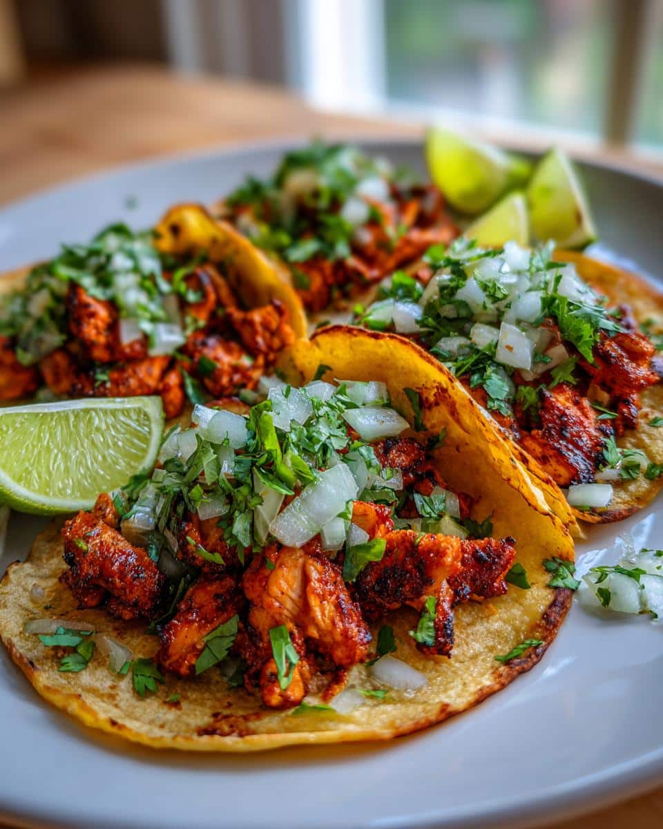 25-Minute Skillet Chicken Street Tacos That Wow Every Time 5 A close-up of three Skillet Chicken Street Tacos on a white plate, garnished with diced onions, cilantro, and lime wedges.