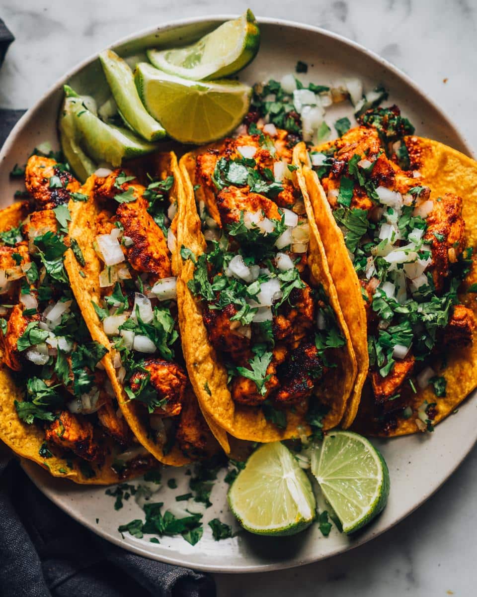 25-Minute Skillet Chicken Street Tacos That Wow Every Time 3 A close-up overhead shot of a plate filled with several Skillet Chicken Street Tacos, garnished with fresh cilantro, diced onions, and lime wedges.