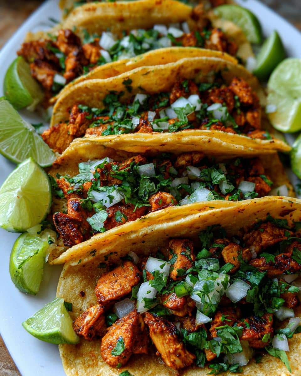 25-Minute Skillet Chicken Street Tacos That Wow Every Time 2 A close-up of several Skillet Chicken Street Tacos arranged on a white platter, garnished with chopped onions, cilantro, and lime wedges.